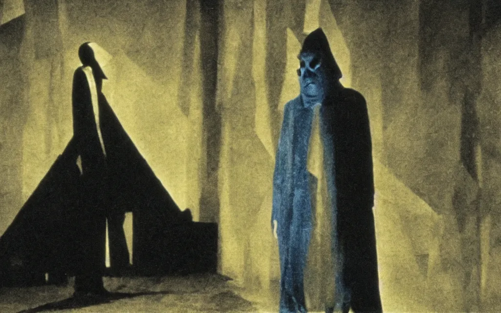 Image similar to high quality high definition colorized movie still from The Cabinet of Doctor Caligari: a lonely ghost walking alone at night in the woods, high quality silent movie, iridescent color palette