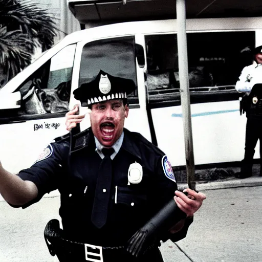 Image similar to selfie of a cop eating a donut with a riot taking place behind him, los angeles 1 9 9 2,