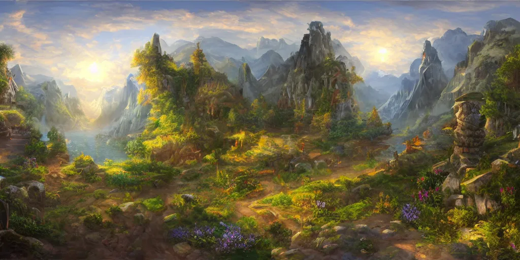 Image similar to a high quality professional 360 painting of a fantasy landscape