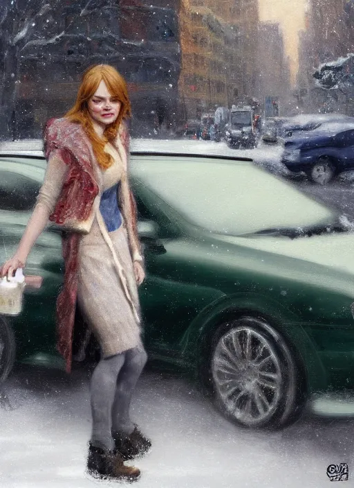 Prompt: emma stone getting out of a taxi in winter, artwork by gaston bussiere, craig mullins, trending on artstation