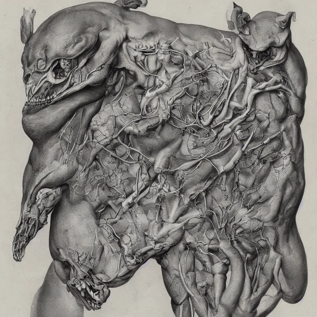 Image similar to anatomical engraving of an unknown specie, anatomical study of animal hybrids from another universe