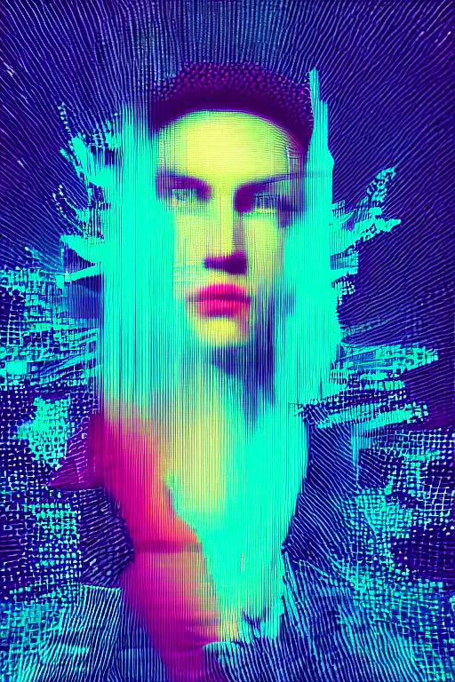 Image similar to portrait, vaporwave, synthwave, ambient, retro, futurism, pixel sorting, glitch art, abstract art