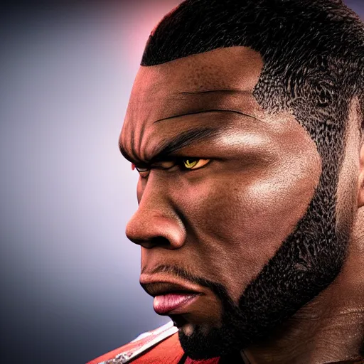 Image similar to a videogame still of 50 Cent in Tekken 7, portrait, 40mm lens, shallow depth of field, close up, split lighting, cinematic