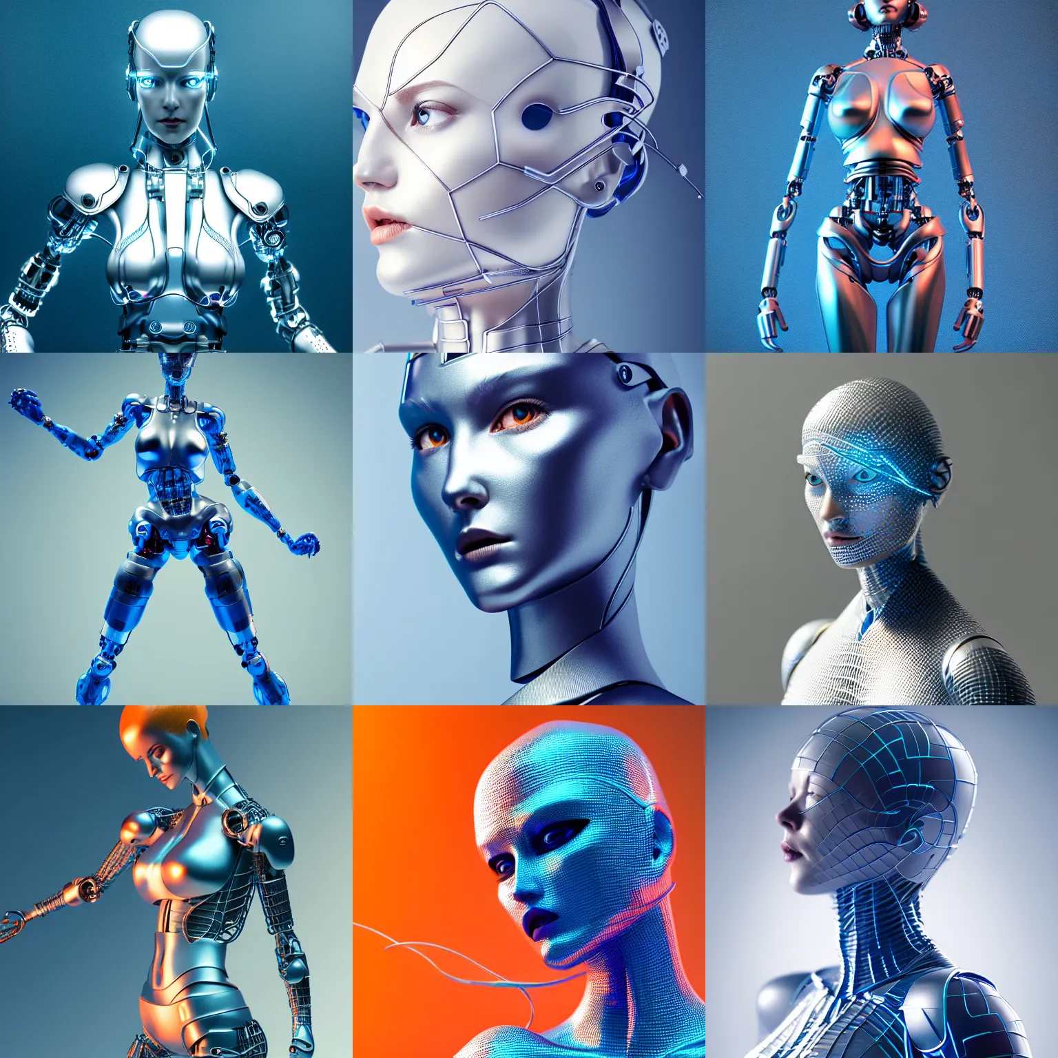 Prompt: perfect anime cyborg woman, porcelain, aluminium ( desgined by apple ), silver, blue soft details, soft!!, orange metal wireframe backdrop, studio photo, octane render, studio lights, 8 0 mm lens