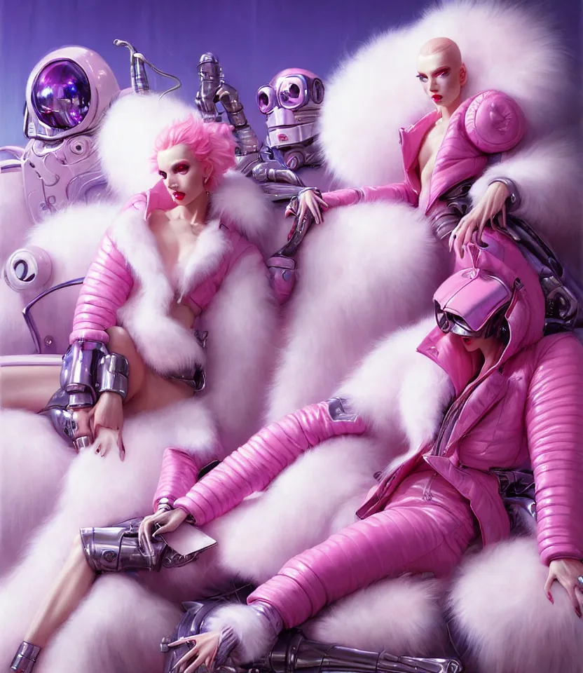 Image similar to beautiful fantasy character portrait, wearing pink puffy bomber jacket with white fur, seductive reclining pose, futuristic chrome drones, ultra realistic, dramatic lighting, robots, the fifth element artifacts, highly detailed by peter mohrbacher, hajime sorayama, wayne barlowe, boris vallejo, aaron horkey, gaston bussiere, craig mullins