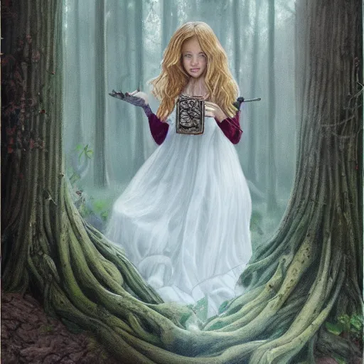 Prompt: a candid portrait of a girl wearing in the woods, atmospheric, highly detailed, portrait painting, fairytale, fantasy, illustration by scott gustafson