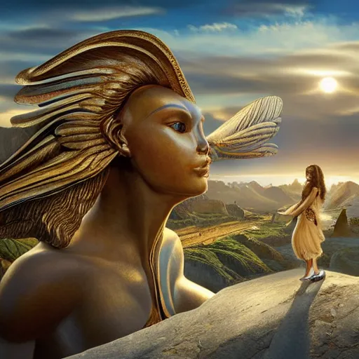 Prompt: modernist jeff koons style neverending story winged sphinx, ultra realistic, golden hour, concept art, intricate details, serious, highly detailed, photorealistic, octane render, 8 k, unreal engine, art by todd mcfarlane and artgerm and greg rutkowski and alphonse mucha