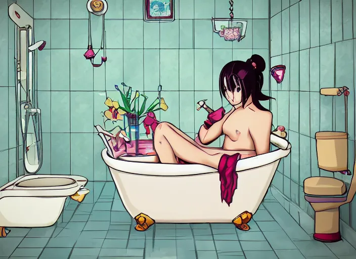 Image similar to girl in bathtub, bathroom, boring, anime, 1 9 9 0 s, retro style, aesthetic, chill, room