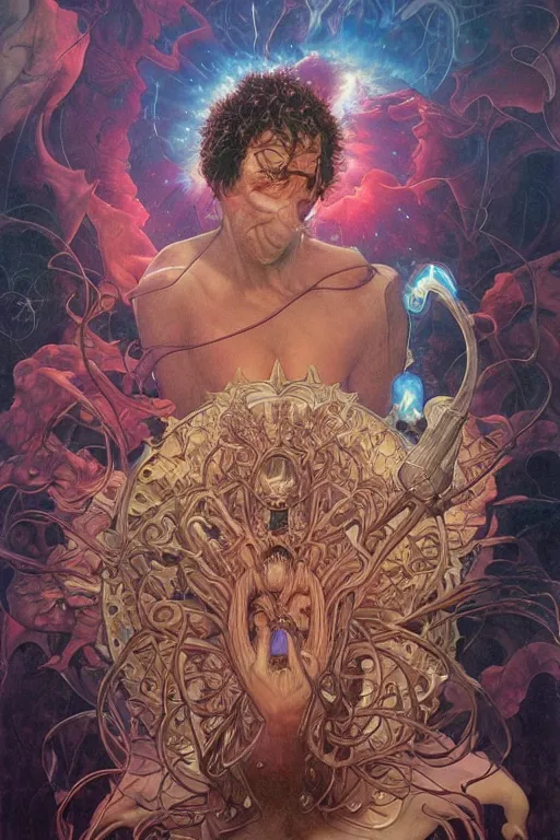 Image similar to adam sandler, by artgerm and yoshitaka amano and moebius and hr giger and zdislaw beksinski and alphonse mucha, hyperdetailed, symmetry, glamour, surreal, dc comics, ornate, stunning, nebula, explosions in the sky, trending on artstation