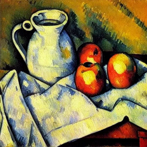 Image similar to Still life oil painting of an apple and a mug of coffee on a school desk, Paul Cezanne, 1895, award-winning, realistic, oil painting, dynamic lighting