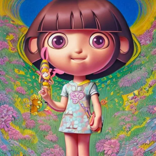 Image similar to dora the explorer as real girl in happy pose, detailed, intricate complex background, japanese Pop Surrealism, lowbrow art style, muted pastel colors, soft lighting, 50's looks by Mark Ryden,Yosuke Ueno,mucha, artstation cgsociety