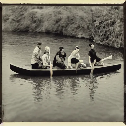 Prompt: four people on a wooden raft