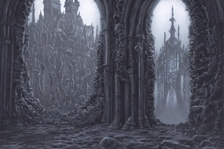 Prompt: The portal to Cthulu's realm open in front of a gothic metropolis