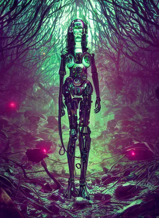 Prompt: a small psychedelic surreal horror cyborg in the chaotic spirit forest, fulcolor octane reminder, cinematic, ultra - realistic