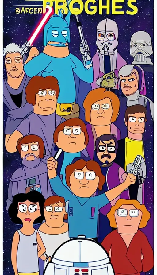 Prompt: movie poster bobs burger cast in star wars, highly detailed, hyper realistic, large text, bright colours