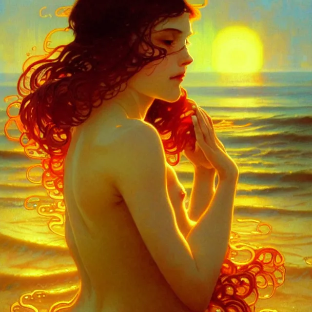 Image similar to ocean waves of glossy liquid honey drops flowing like translucent amber, lsd waves, lsd ripples, backlit, sunset, refracted lighting, art by collier, albert aublet, krenz cushart, artem demura, alphonse mucha