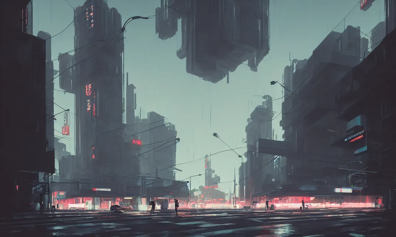 Image similar to streetscape, simple brutalist architecture, white neon lights, neon signs, flying vehicles, pedestrians, greg rutkowski, syd mead, ralph mcquarrie, concept art, matte painting, finely detailed, minimal artifacts, rule of thirds, dynamic lighting, cinematic, denoised, centered, artstation