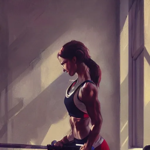 Image similar to beautiful woman working out in a gym, art by greg rutkowski, artgerm, artstation, highly detailed, pretty, gorgeous, cute, warm lighting
