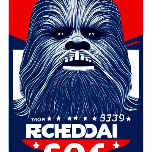 Image similar to chewbacca presidential election poster showing close up of chewbacca face red and blue duotone screenprint by sheperd fairey