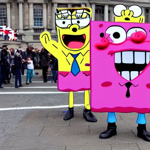 Image similar to spongebob squarepants protests against the british government at trafalgar square