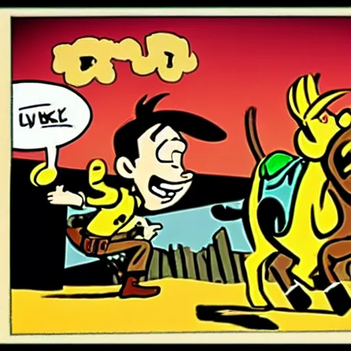 Image similar to lucky luke, killing, tintin, in the style of morris and rene goscinny