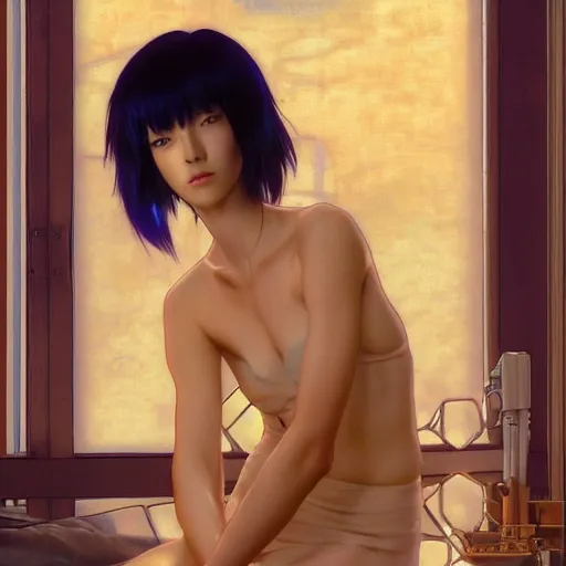 Image similar to Major Kusanagi from Ghost in the Shell with Pixie Haircut drawn by Donato Giancola and Makoto Shinkai, Edmund Leighton, Alphonse Mucha, background by James Jean and Gustav Klimt, 4k, porcelain skin, volumetric lighting, komorebi, french nouveau, trending on artstation, octane render, hyperrealistic