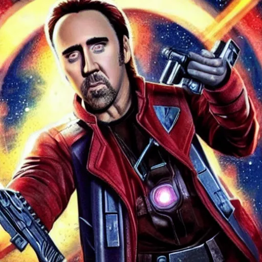 Image similar to Nicolas Cage as Star Lord from Guardians of the Galaxy