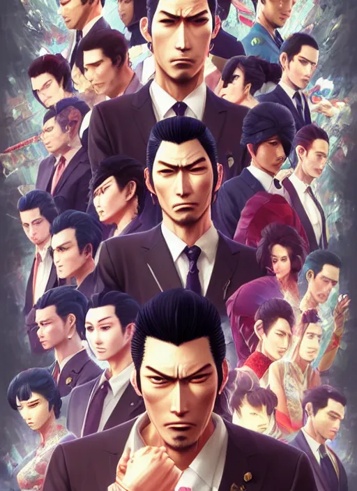 Image similar to highly detailed portrait of yakuza 0's kazuma kiryu, stephen bliss, unreal engine, greg rutkowski, loish, rhads, beeple, makoto shinkai and lois van baarle, ilya kuvshinov, rossdraws, tom bagshaw, alphonse mucha, global illumination, god rays, detailed and intricate environment