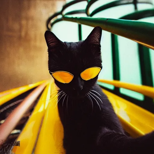 Image similar to black cat on a rollercoaster. focus on cats face. sunlight. polaroid photo. bright colors.