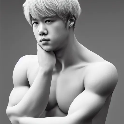 Image similar to wide angle full body portrait of Park Jimin as Antinous, dramatic photography, dramatic facial expression, tears, hand on his cheek, soft skin, soft blush, intricate, ethereal, highly detailed, high resolution, 8K resolution, sharp focus, Unreal engine 5, smooth, art by J. C. Leyendecker