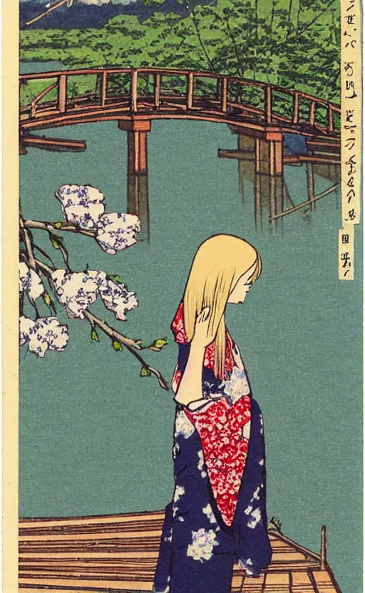 Prompt: by akio watanabe, manga art, a blond girl is looking at wooden lake bridge and iris flowers, trading card front, kimono, realistic anatomy