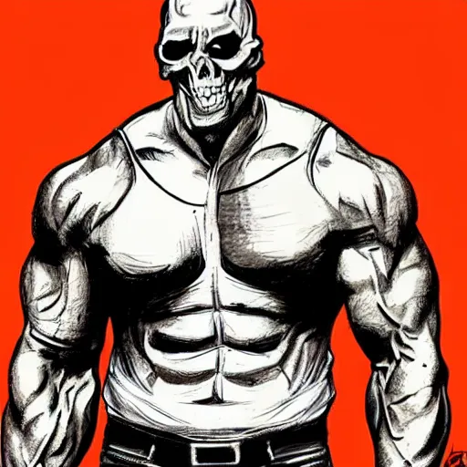 Image similar to a sketch of a two - faced dwayne johnson as ghost rider, right face showing skull, gta cover art