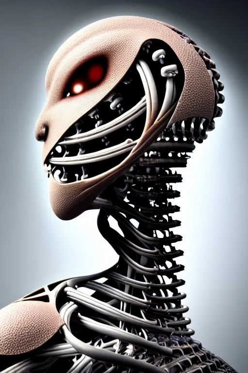 Image similar to photograph of a beautiful biomechanical creature that has a humanoid face, cinematic, realistic, hyperdetailed