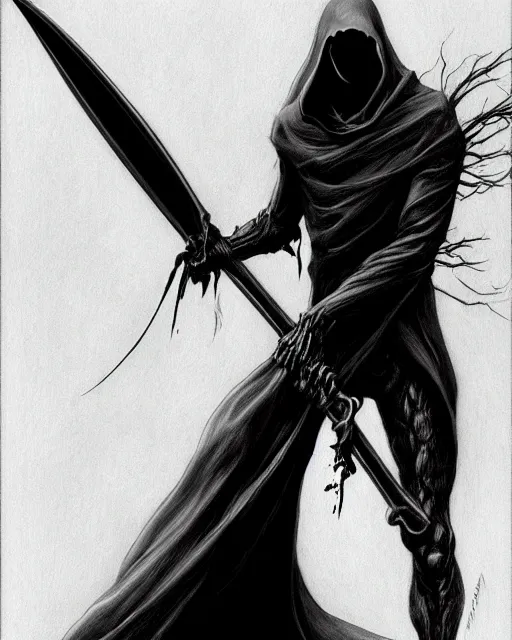 Prompt: the grim reaper holding a scythe, monochrome, dramatic, deviantart, boris vallejo, by tsutomu nihei