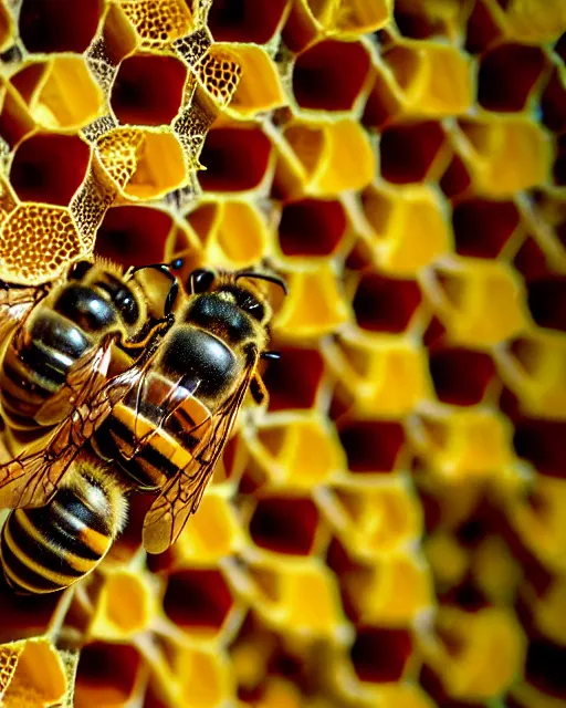 Image similar to bees on honeycomb close up bees nest, cinematic epic award winning photography of the honeybee on nest