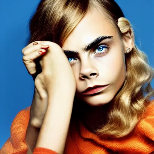 Prompt: photo of a gorgeous 20-year-old Cara Delevingne with 1960s hairstyle by Mario Testino, detailed, head shot, award winning, Sony a7R -