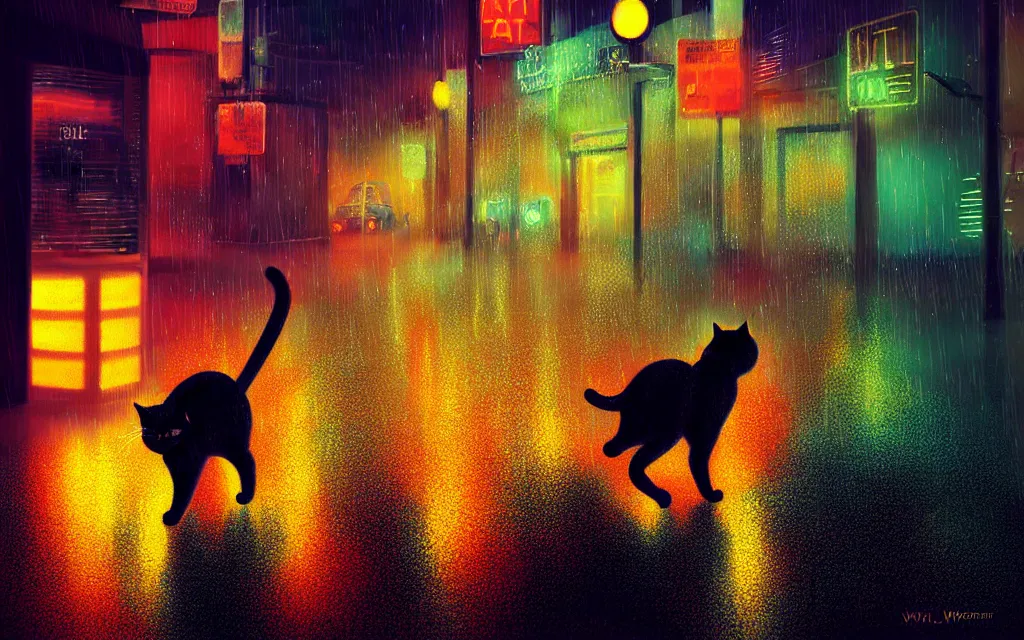 Image similar to cat running through heavy rain in a neon lit street at night by wlop, ultra detailed color art, high detail, digital art