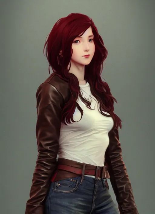 Image similar to pretty young woman with shoulder length shiny shimmering dark red hair and wearing worn leather jacket, concept art, t - pose, full body, path traced, highly detailed, high quality, digital painting, by studio ghibli and alphonse mucha, leesha hannigan, makoto shinkai, arcane