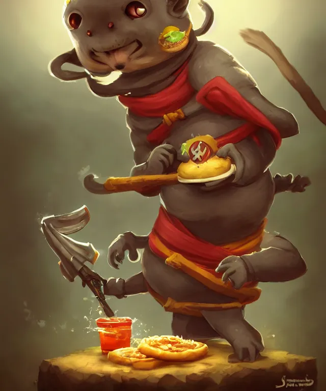 Image similar to a single anthropomorphic hamster ninja eating a hamburger, ninja outfit, standing in a buddhist temple, cute and adorable, dnd character art portrait, matte fantasy painting, deviantart artstation, by jason felix by steve argyle by tyler jacobson by peter mohrbacher, cinematic lighting