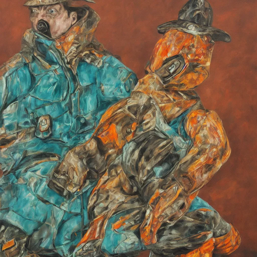 Image similar to high quality high detail painting by lucian freud, jenny savile, portrait of fire trooper, turquoise, hd