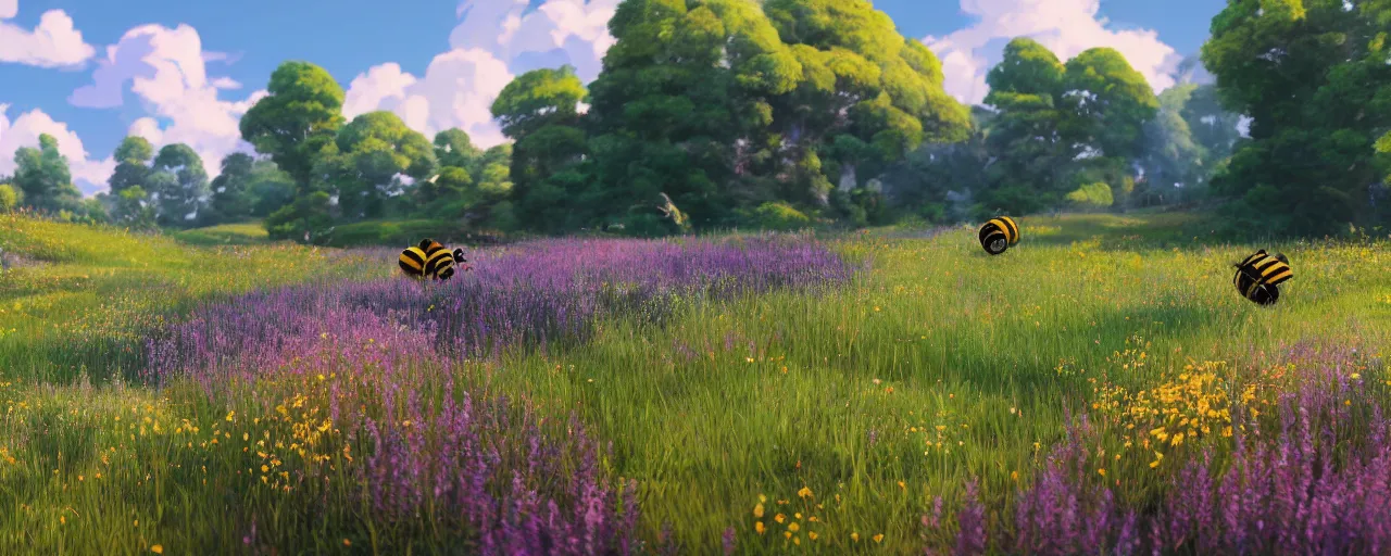 Image similar to a beautiful meadow landscape with large detailed bees flying, flowers, happy trees, photorealistic, octane render, rtx, hdr, unreal engine, digital art widescreen 8 k in the style of studio ghibli and bob ross