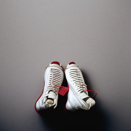 Image similar to a studio photoshoot of Nike sneakers designed by Tom Sachs, cream leather with knitted mesh material, gum rubber outsole, realistic, color film photography by Tlyer Mitchell, 35 mm, graflex