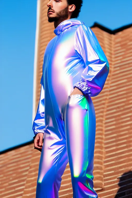 Prompt: un ultra high definition studio quality photographic art portrait of a young man standing on the rooftop of a british apartment building wearing soft baggy inflatable padded iridescent pearlescent jumpsuit. three point light. extremely detailed. golden ratio, ray tracing, volumetric light, shallow depth of field. set dressed.