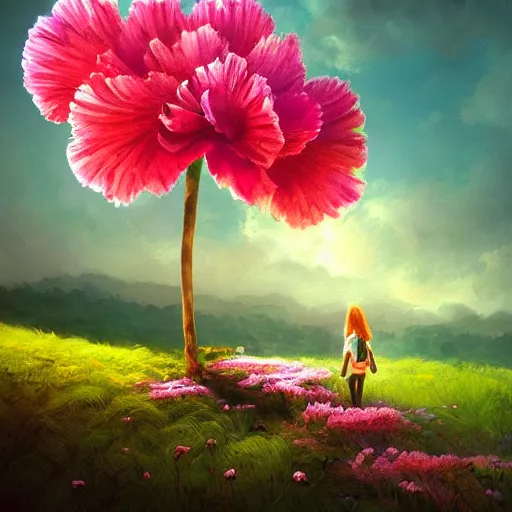 Prompt: giant carnation flower as a head, girl hiking in a lush valley, surreal photography, sunrise, dramatic light, impressionist painting, colorful clouds, digital painting, artstation, simon stalenhag