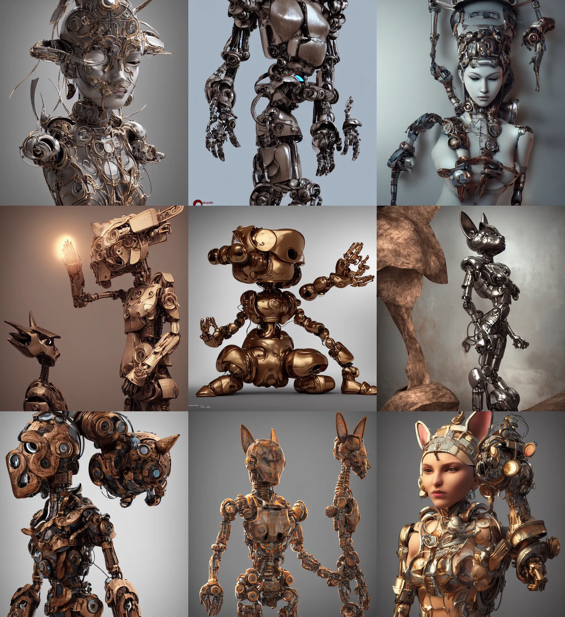 Prompt: 3D octane render ultra 8K photorealistic hyperdetailed unreal engine ,a sculpture wooden a mystical robot of the bohemian with cat’s ears in a zen rebelle heroic pose ,concept art ,trending on cgsociety ,artwork masterpiece , in a contemporary art gallery in neo Paris by