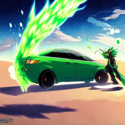 Image similar to dragon spits fire on a blue knight in a green hatchback car, close up, anime, desert landscape, greg rutkowski, Murata, one punch man manga,