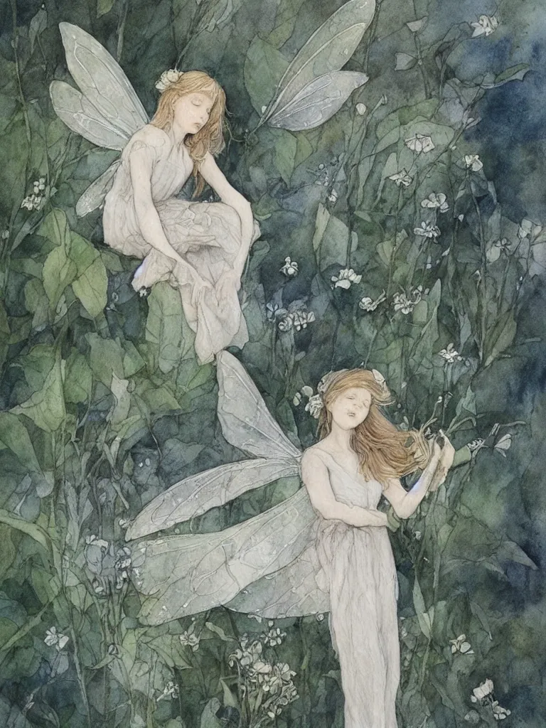 Image similar to study of a flower fairy, illustration, watercolor, alan lee, detailed, pretty, ethereal,