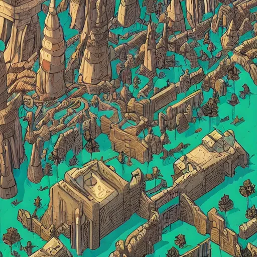 Image similar to cell shaded adult animation, a birds eye view overlooking a walled off ancient fantasy city besieged by monsters, surrounded by mountains and trees of greens and browns, rivers and lakes, concept art by josan gonzales and wlop, Laurie Greasley and james jean, highly detailed, sharp focus, Trending on Artstation, HQ, deviantart, art by artgem