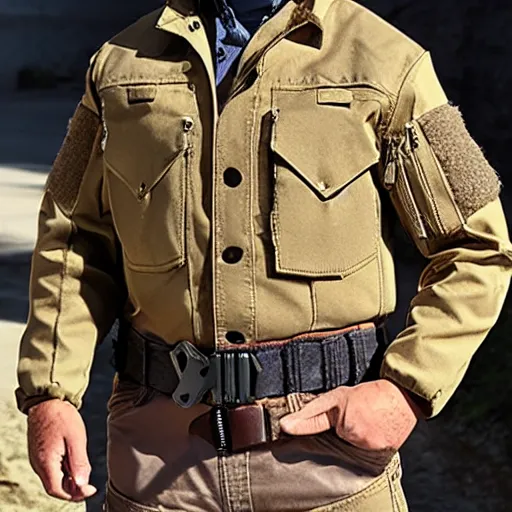 Prompt: cargo buckskin jacket buckskin tactical toolbelt pockets