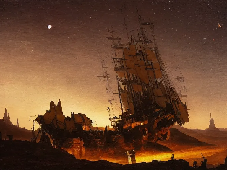 Prompt: an oil painting of an ancient dieselpunk ship in the middle of an alien desert at dusk, aurora and stars light up the sky by carl spitzweg and tuomas korpi. baroque elements, full-length view. baroque element. intricate artwork by caravaggio. Trending on artstation. 8k